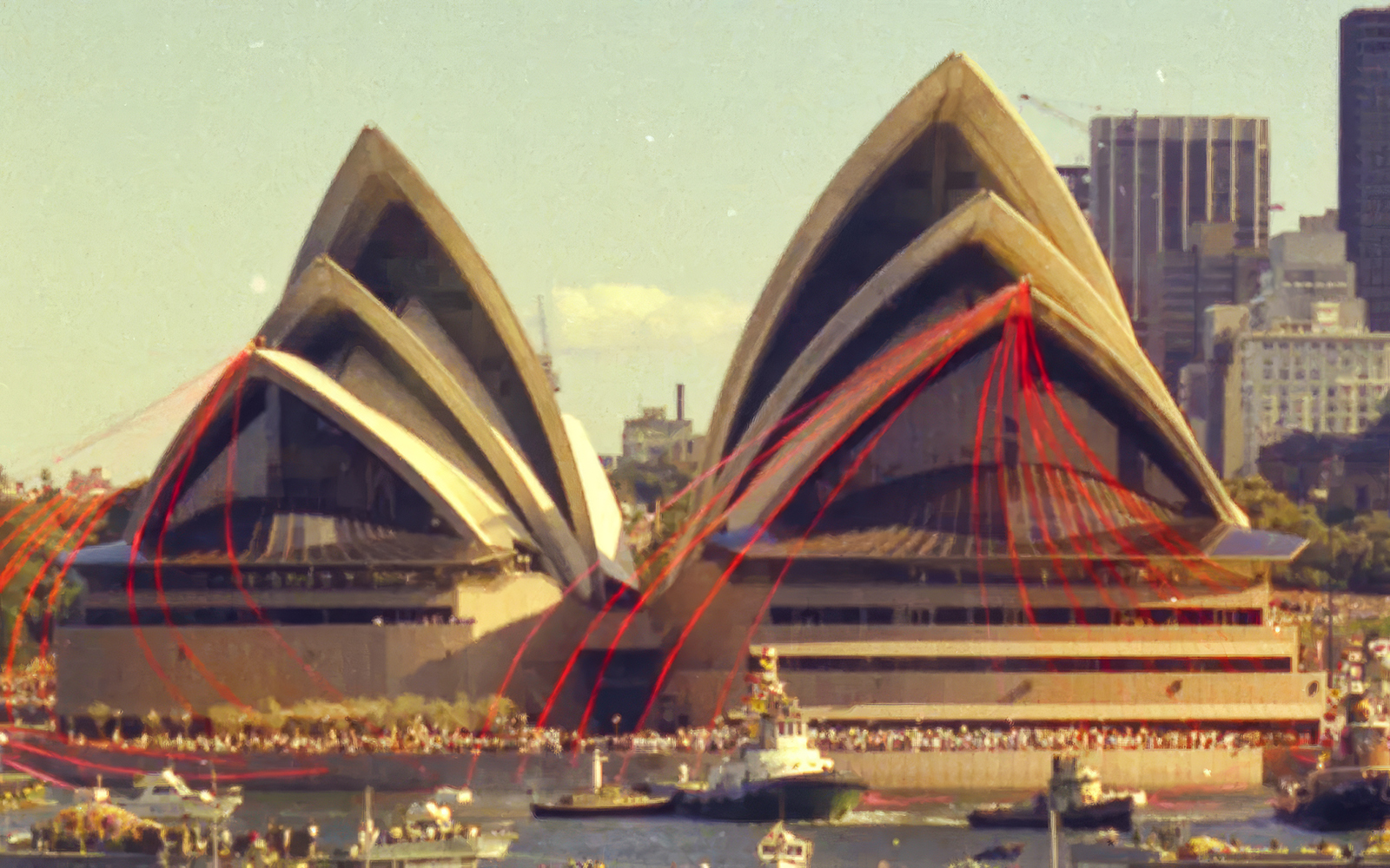 Sydney Opera House opening ceremony with boats and crowds, highlighting its historical significance.