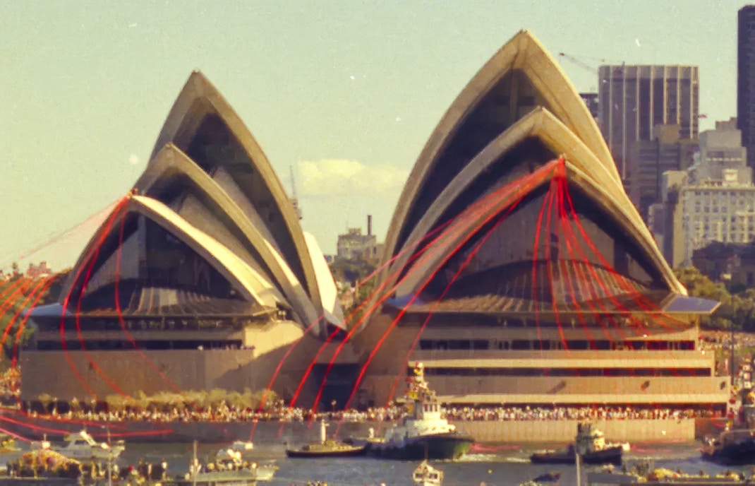 Sydney Opera House opening ceremony with boats and crowds, highlighting its historical significance.