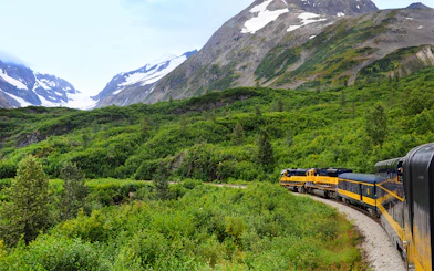 Alaska Railroad train traveling through lush green mountains with snow-capped peaks.