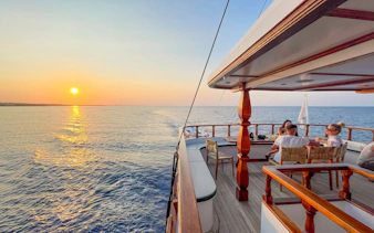 Sunset view from a cruise ship deck on the Blue Lagoon tour near Ayia Napa, Cyprus.