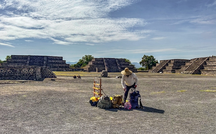 Vendor setting up near ruins along Avenue of the Dead, Teotihuacan.