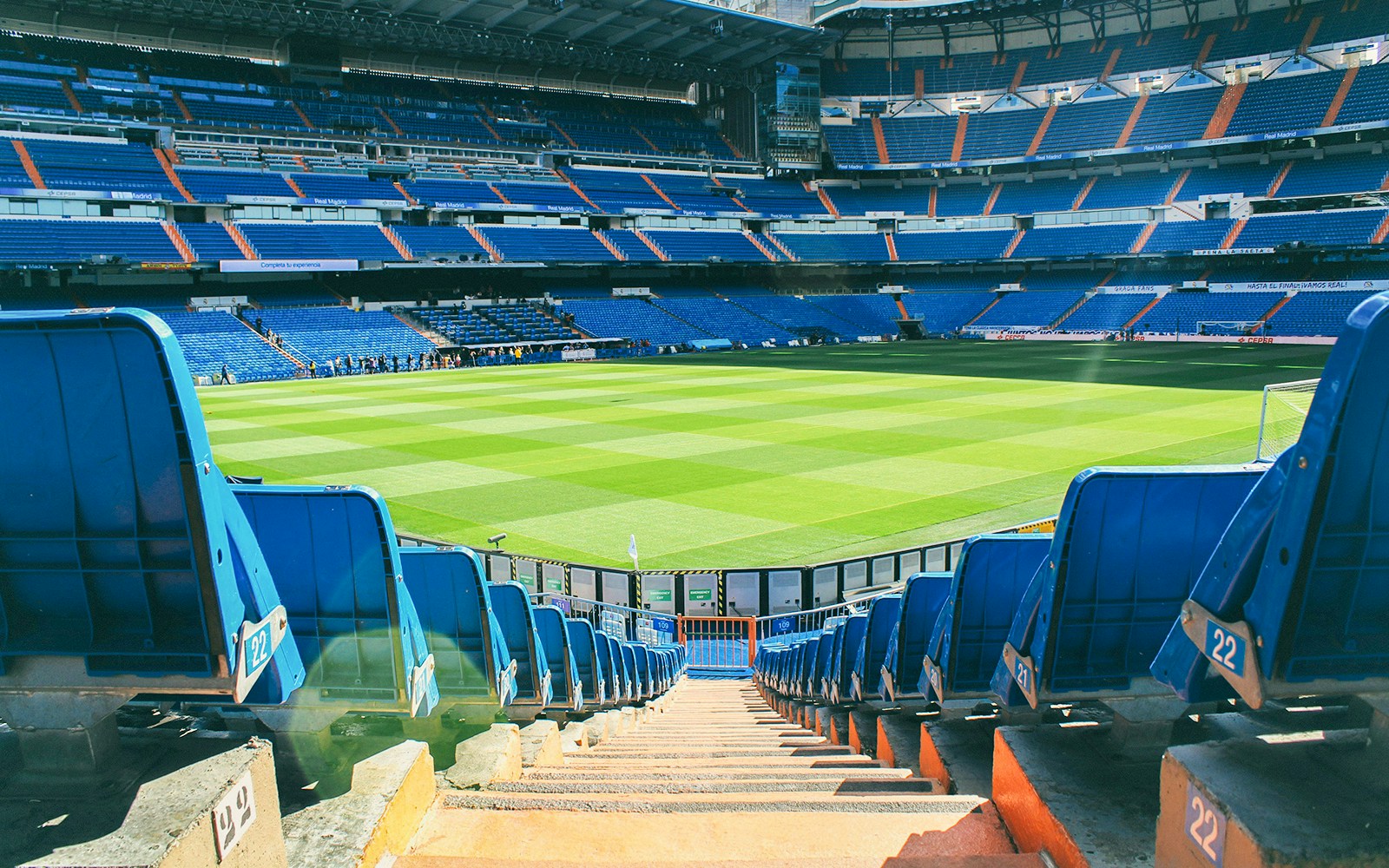 View of Santiago Bernabeu Stadium field from the stands.