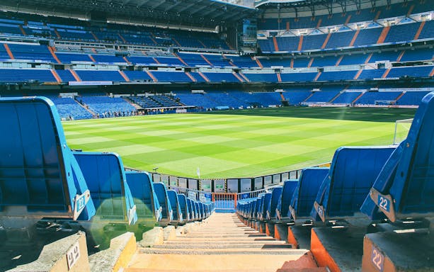 View of Santiago Bernabeu Stadium field from the stands.