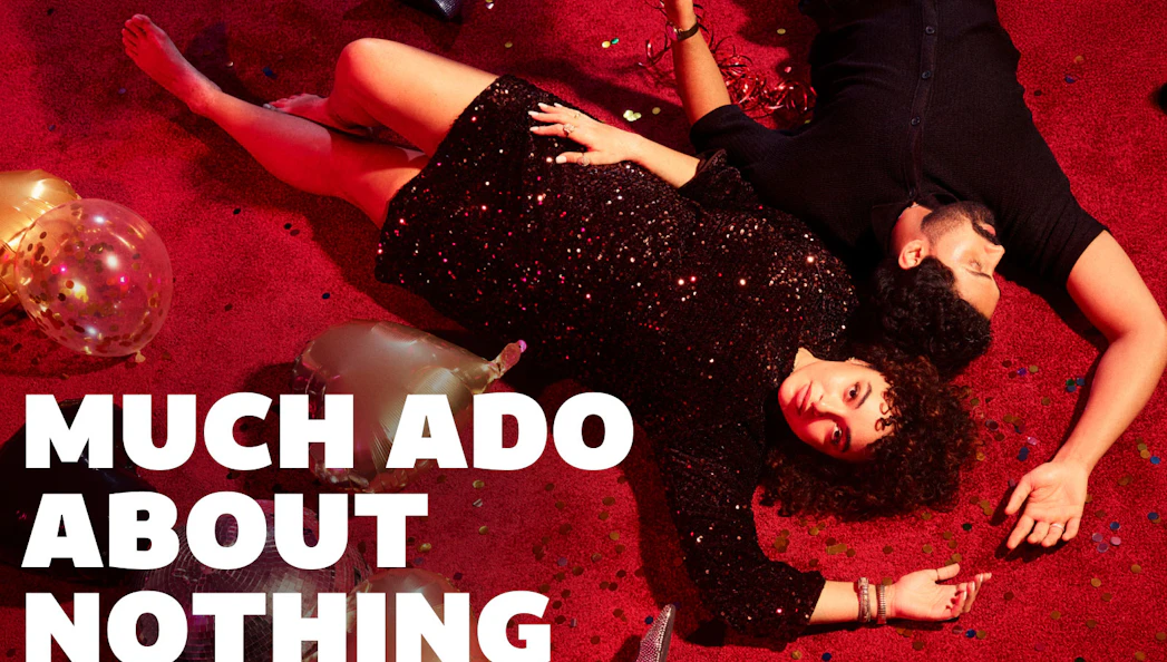 Couple lying on red carpet with confetti, promoting Much Ado About Nothing Westend.