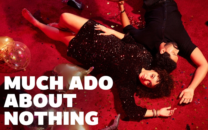 Couple lying on red carpet with confetti, promoting Much Ado About Nothing Westend.