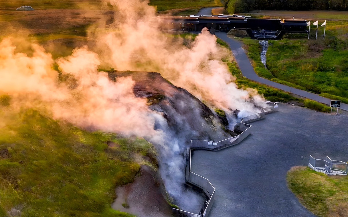 Krauma Geothermal Baths with steam rising from hot springs in Iceland.