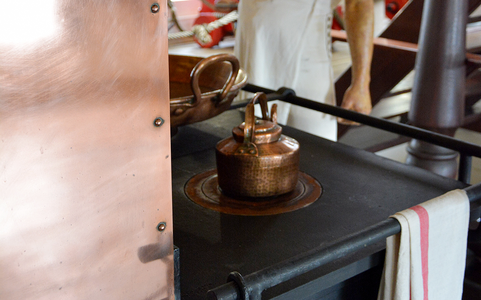 Copper kettle on stove aboard Frigate D. Fernando II e Glória.