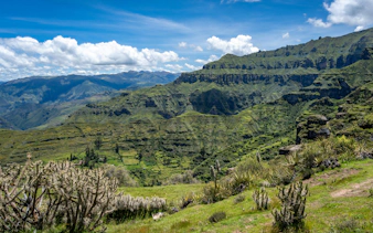 Rock formations and green valleys in the Andean Mountains at Waqrapukara, Peru.