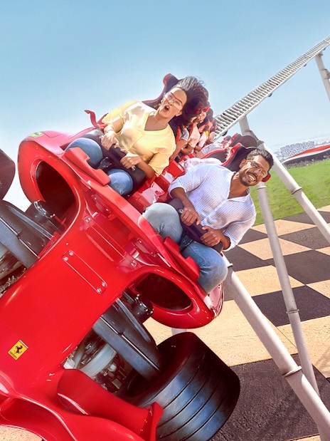 Riders on Formula Rossa roller coaster at Ferrari World, Abu Dhabi.