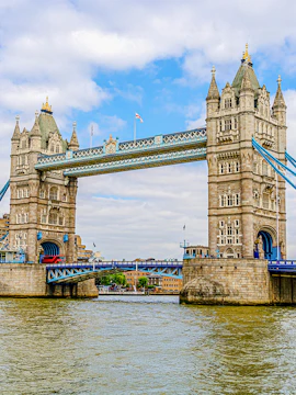 Tower Bridge spanning the River Thames in London, featuring its iconic twin towers.