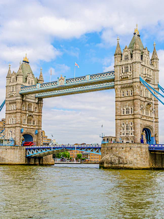 Tower Bridge spanning the River Thames in London, featuring its iconic twin towers.