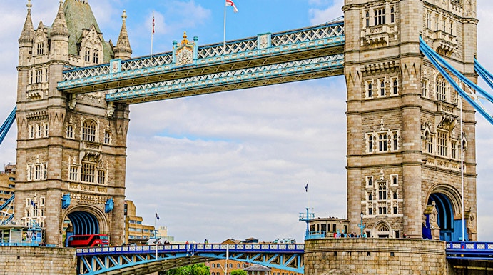 Tower Bridge spanning the River Thames in London, featuring its iconic twin towers.