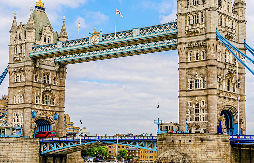Tower Bridge spanning the River Thames in London, featuring its iconic twin towers.