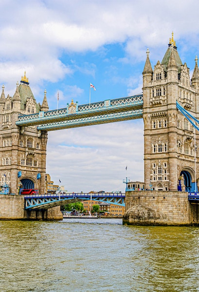 Tower Bridge spanning the River Thames in London, featuring its iconic twin towers.