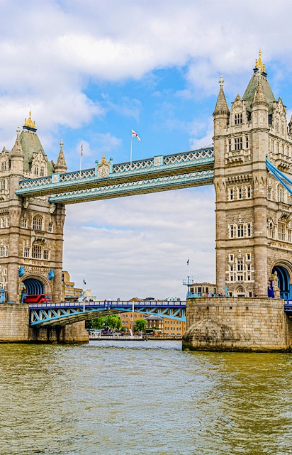 Tower Bridge spanning the River Thames in London, featuring its iconic twin towers.