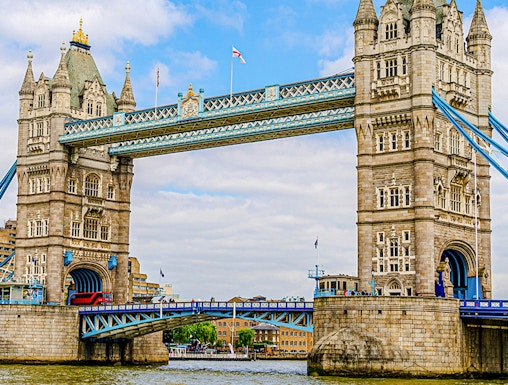Tower Bridge spanning the River Thames in London, featuring its iconic twin towers.