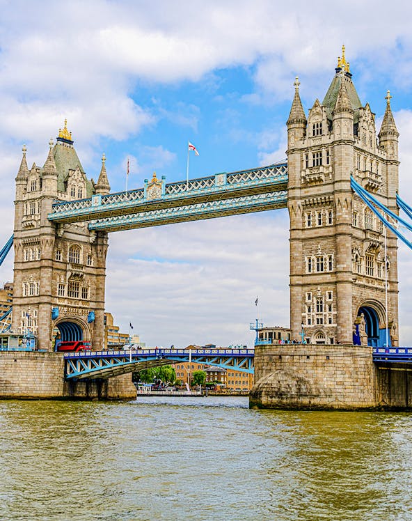 Tower Bridge spanning the River Thames in London, featuring its iconic twin towers.