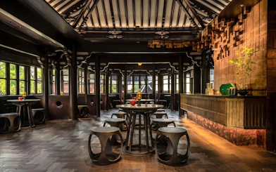 Huxinting Teahouse interior with traditional seating, Yu Garden, Shanghai.