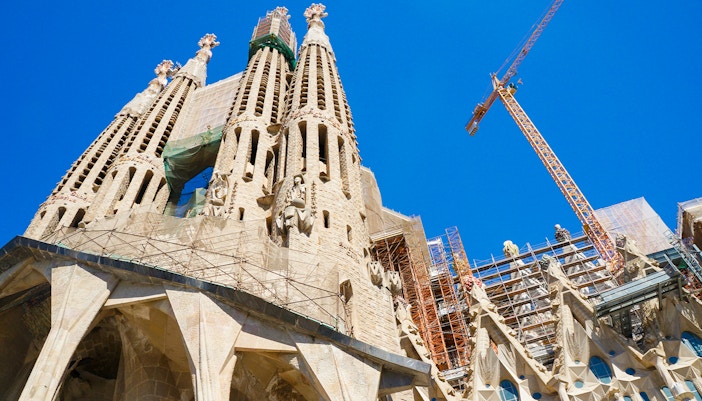 Sagrada Familia Passion façade with crane in Barcelona under construction