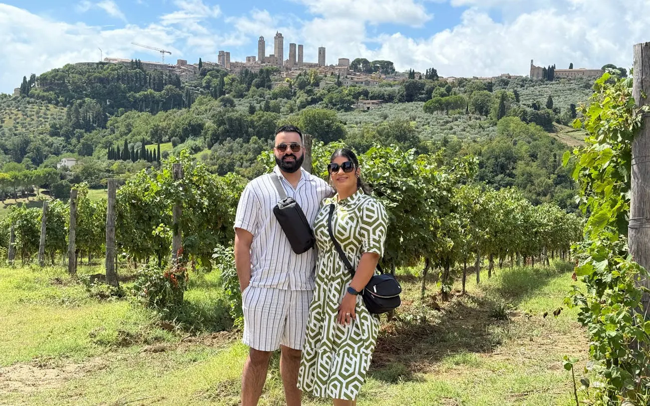 Vineyard in Tuscany with view of San Gimignano towers in the background.