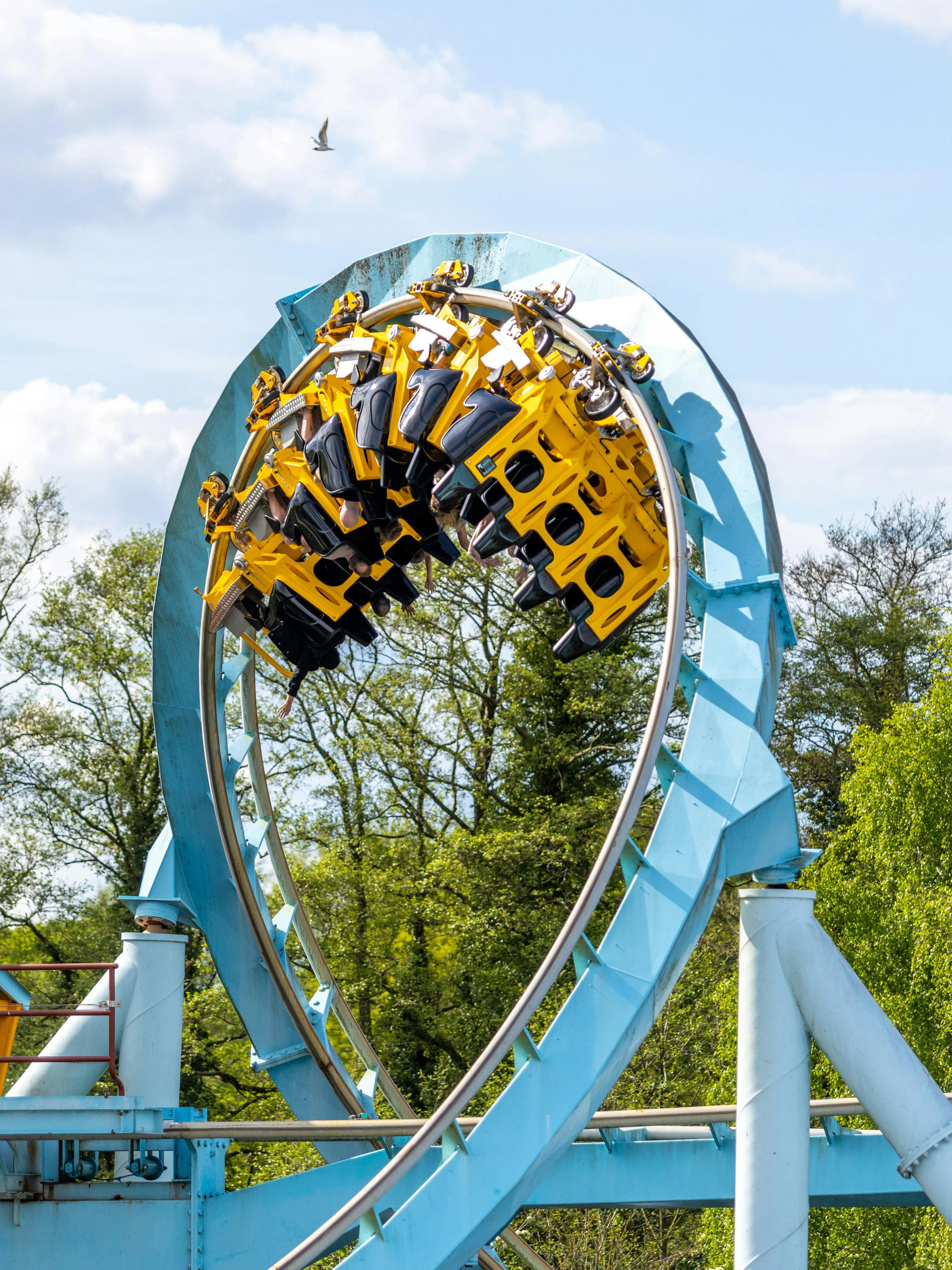 Roller coaster loop at Drayton Manor with riders upside down.