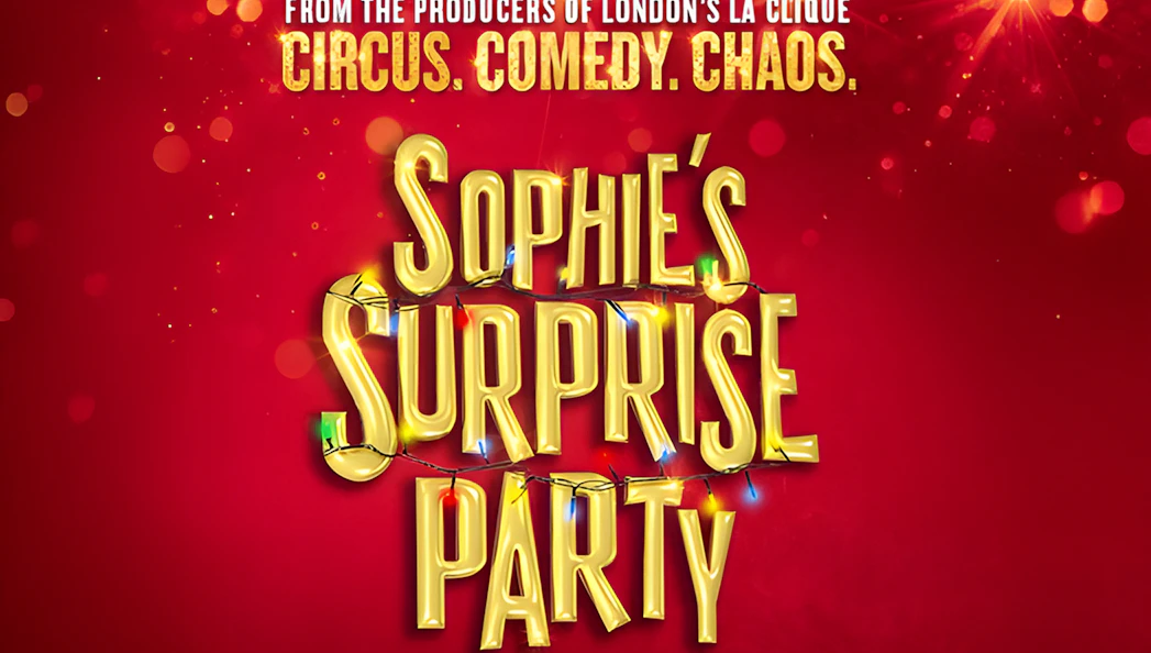 Sophie's Surprise Party event poster with festive lights and red background.