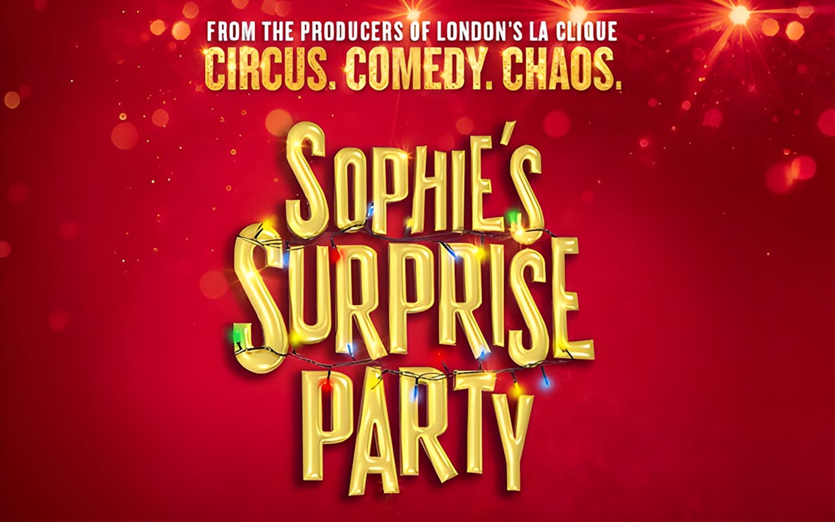 Sophie's Surprise Party event poster with festive lights and red background.