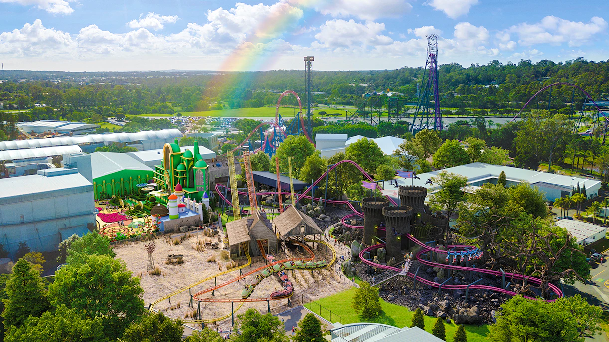 Wizard of Oz Precinct with Emerald City and roller coasters at Warner Bros. Movie World, Gold Coast.