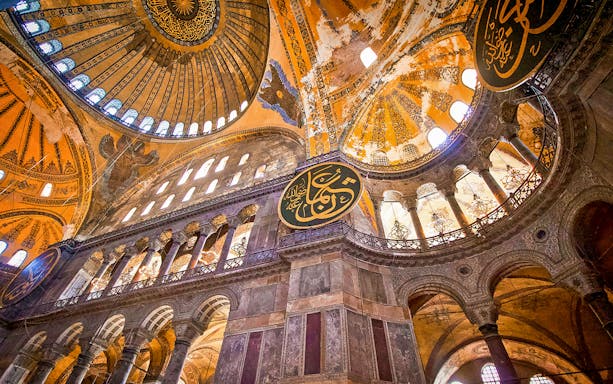 Hagia Sophia's intricate interior dome and arches in Istanbul.