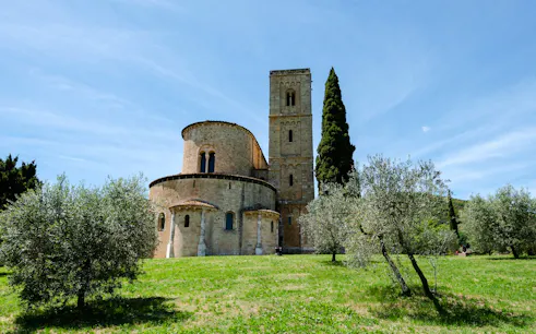 Montepulciano countryside with historic abbey and olive trees on Rome wine day trip.