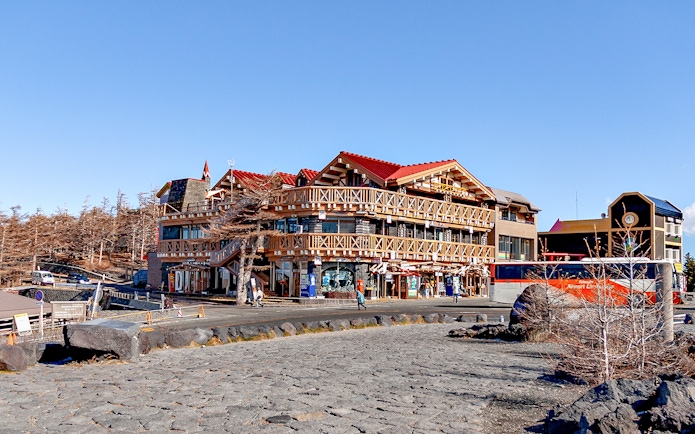 Fifth Station on Mount Fuji with shops and a bus in Japan.
