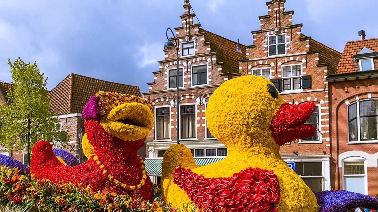 Flower sculptures of ducks at the Amsterdam Tulip Festival parade.