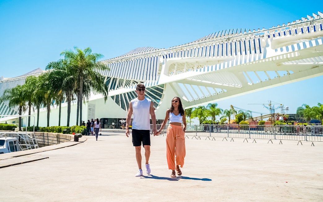 Tourists walking outside the Museum of Tomorrow in Rio de Janeiro.