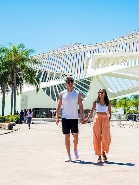 Tourists walking outside the Museum of Tomorrow in Rio de Janeiro.