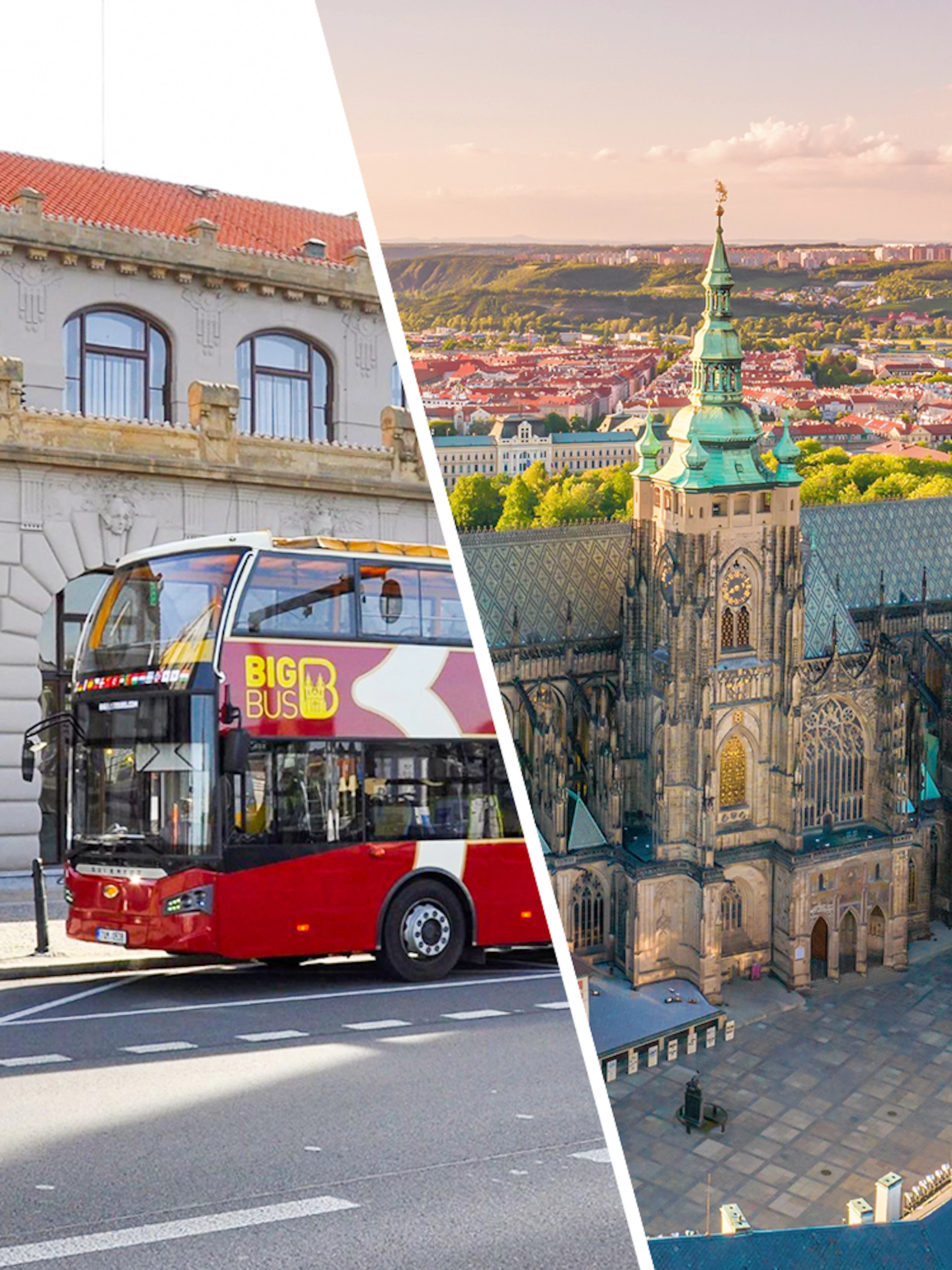 Prague hop-on hop-off bus and aerial view of Prague Castle.