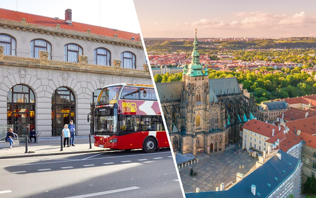 Prague hop-on hop-off bus and aerial view of Prague Castle.