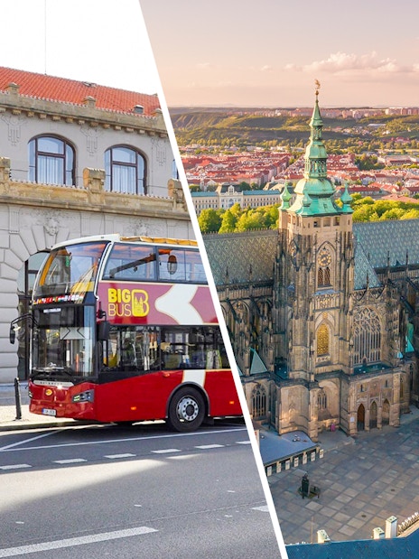 Prague hop-on hop-off bus and aerial view of Prague Castle.