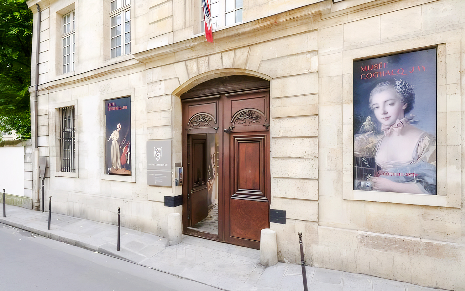 Exterior entrance of Cognacq-Jay Museum in Paris with art posters displayed.
