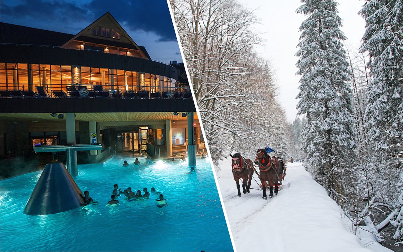 Chocholow Thermal Baths at night and horse-drawn sleigh ride in snowy Zakopane forest.