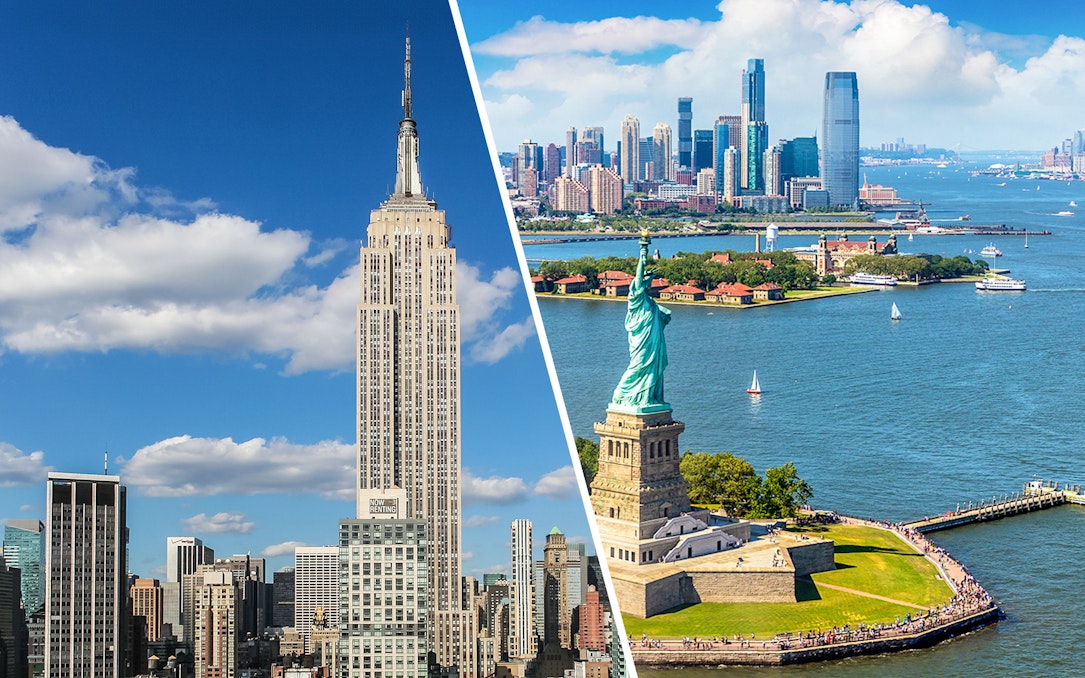 Empire State Building and Statue of Liberty with NYC skyline in the background.
