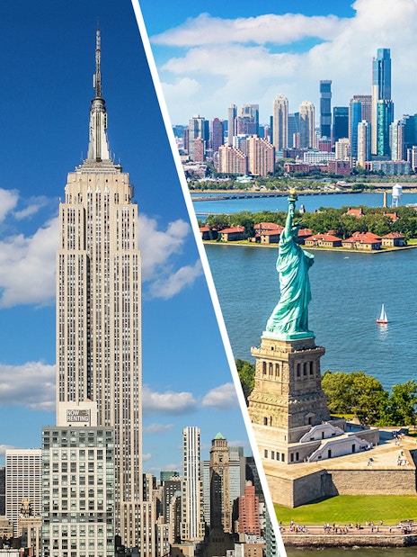 Empire State Building and Statue of Liberty with NYC skyline in the background.
