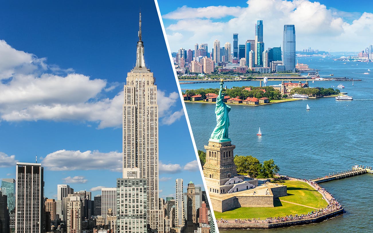 Empire State Building and Statue of Liberty with NYC skyline in the background.