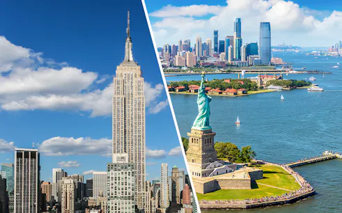 Empire State Building and Statue of Liberty with NYC skyline in the background.