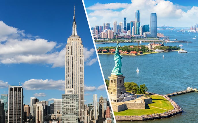 Empire State Building and Statue of Liberty with NYC skyline in the background.