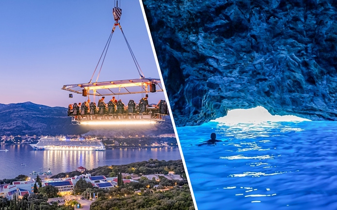 Dinner in the Sky over Dubrovnik and swimmer in Blue Caves, Dubrovnik.