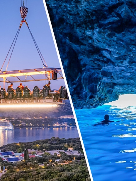 Dinner in the Sky over Dubrovnik and swimmer in Blue Caves, Dubrovnik.