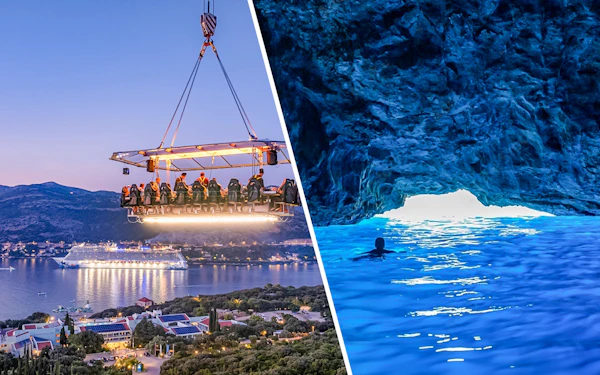 Combo: Dinner in the Sky Dubrovnik +  Blue Cave, Green Caves & Sunj Beach Cruise with Unlimited Drinks