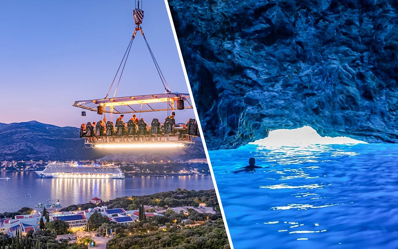 Dinner in the Sky over Dubrovnik and swimmer in Blue Caves, Dubrovnik.
