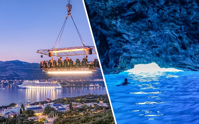 Dinner in the Sky over Dubrovnik and swimmer in Blue Caves, Dubrovnik.