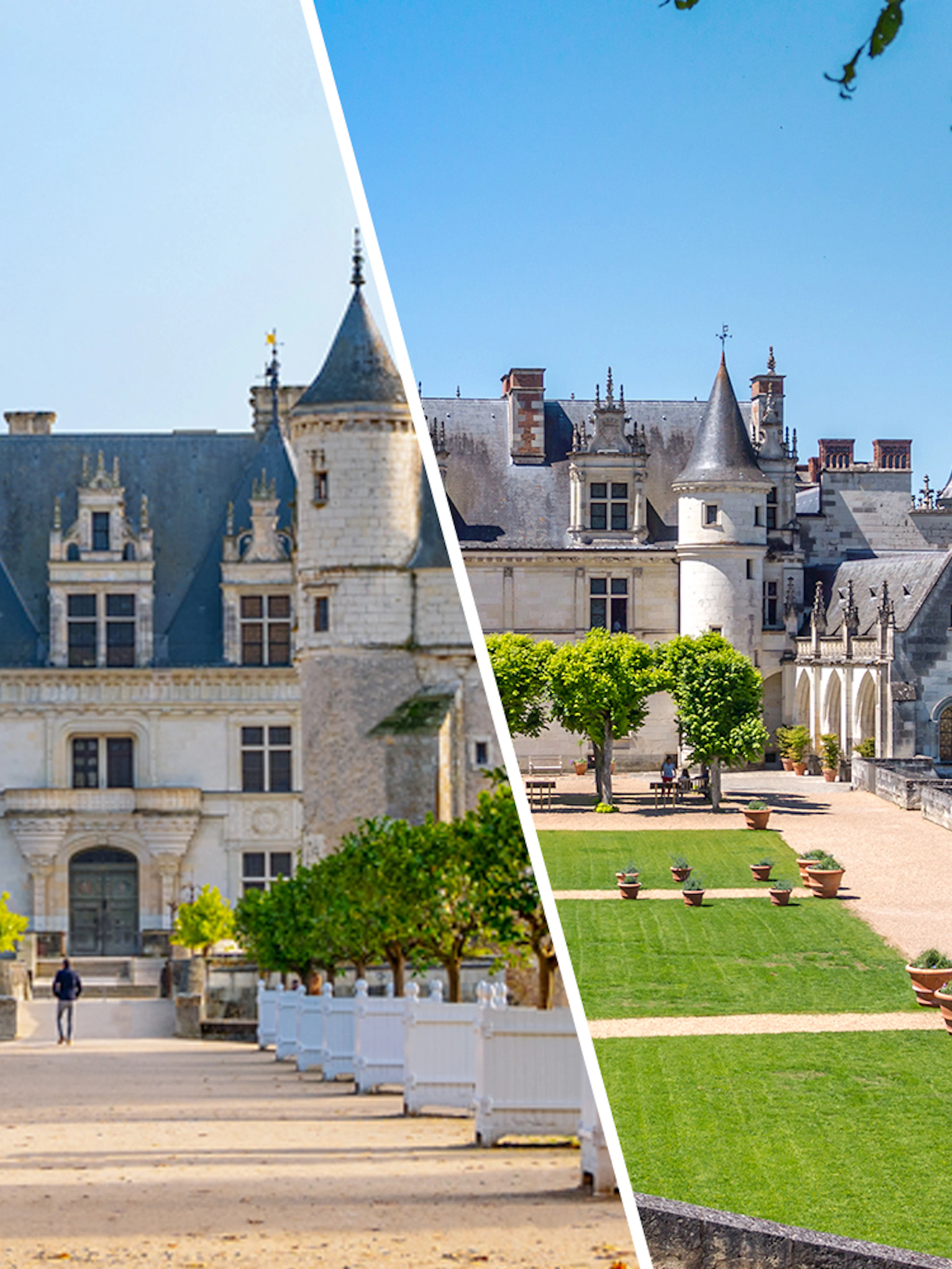 Chenonceau and Amboise castles in Loire Valley, France, with gardens and pathways.